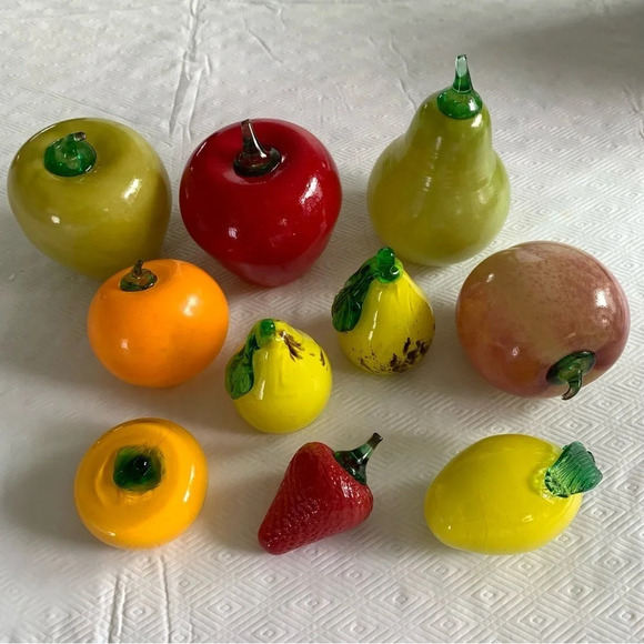 Murano Style Glass Fruit  10 pc Blown Glass Art Strawberry Apple Pear Peach - Picture 1 of 13